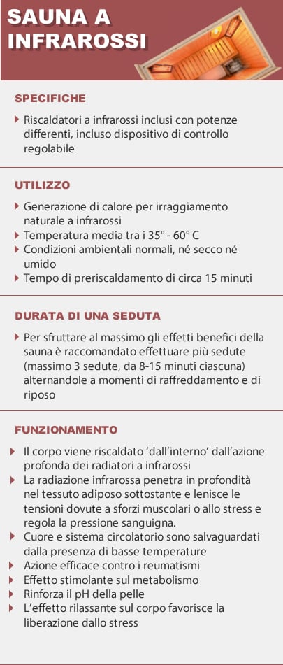 Sauna multifunzione Combi finlandese e infrarossi Bea 180 - Specifiche sauna infrarossi