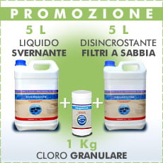 5 L Svernante + 5 L Disincrostante filtri a sabbia + 1 Kg Cloro granulare