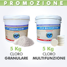 5 Kg di cloro granulare in polvere + 5 Kg di cloro multifunzione in pastiglie da 200 g